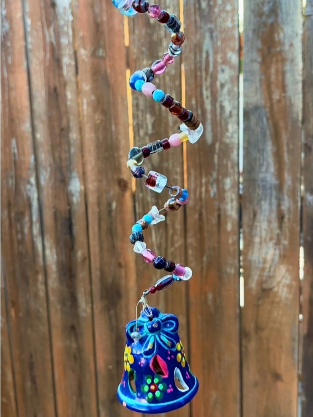 Beaded Spiral Wind Chime with Hand-Painted Flowers Blue Terra Cotta Bell